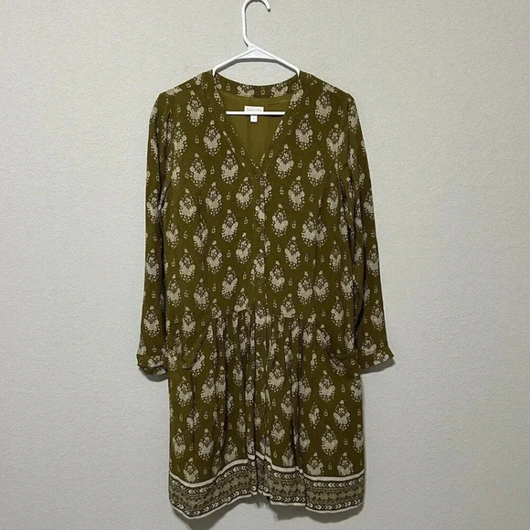 Garnet Hill Olive Green Floral Drop Waist Dress Women’s Size 2 Button Up Pockets - Picture 1 of 11